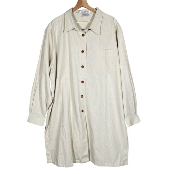 Silhouettes Linen Cotton Shirt Dress Plus 2X Lagenlook Button Front Long Sleeve - Picture 1 of 14